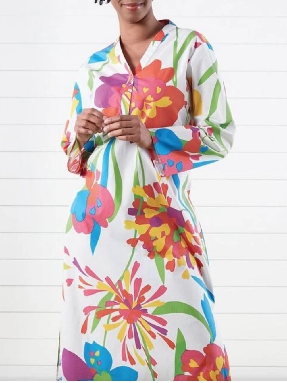 Annie Selke Pine Cone Hill "Fireworks" Stretch Cotton Kaftan Maxi Dress XS / S